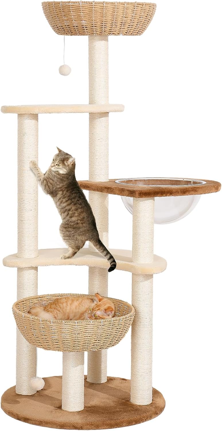 Boho cat tower with two woven rattan basket beds and a space capsule