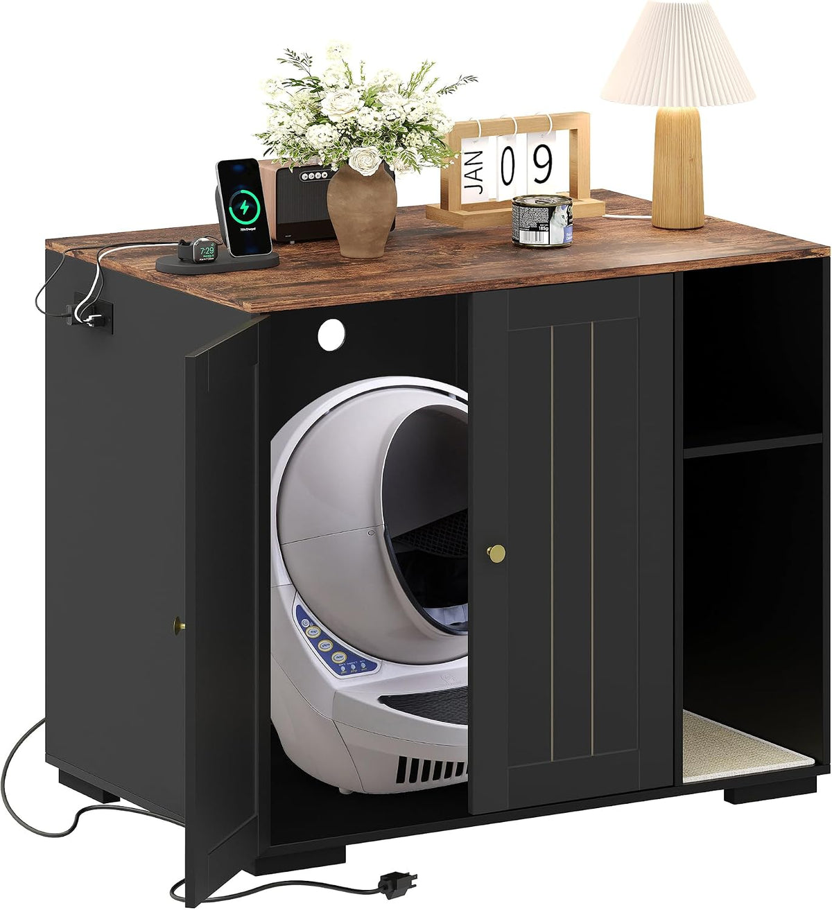 Black XL cabinet enclosure for automatic litter box with charging station