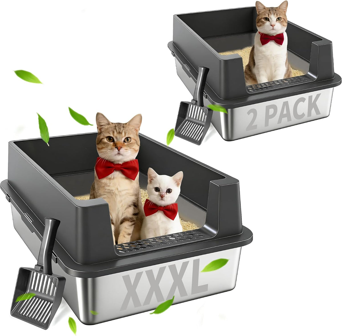 Enclosed stainless steel cat litter box with lid, high sides and scoop