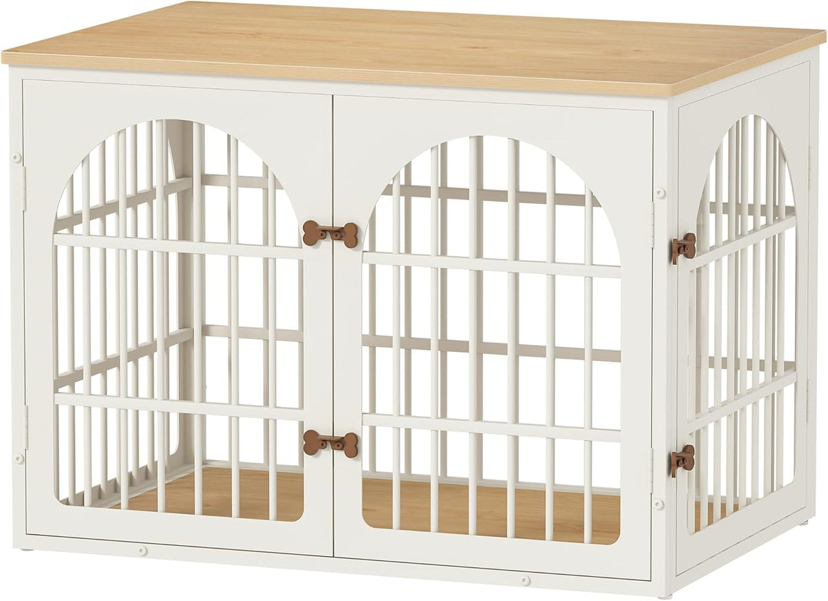 Creamy white dog crate furniture with natural oak top used as a TV stand