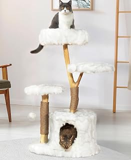Cloud Cat Tree, Natural Wood Branch Tower with Large Condo, Soft Perches and Kitten Scratching Posts, White