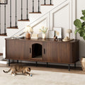Walnut fluted litter box cabinet with sliding door and metal legs