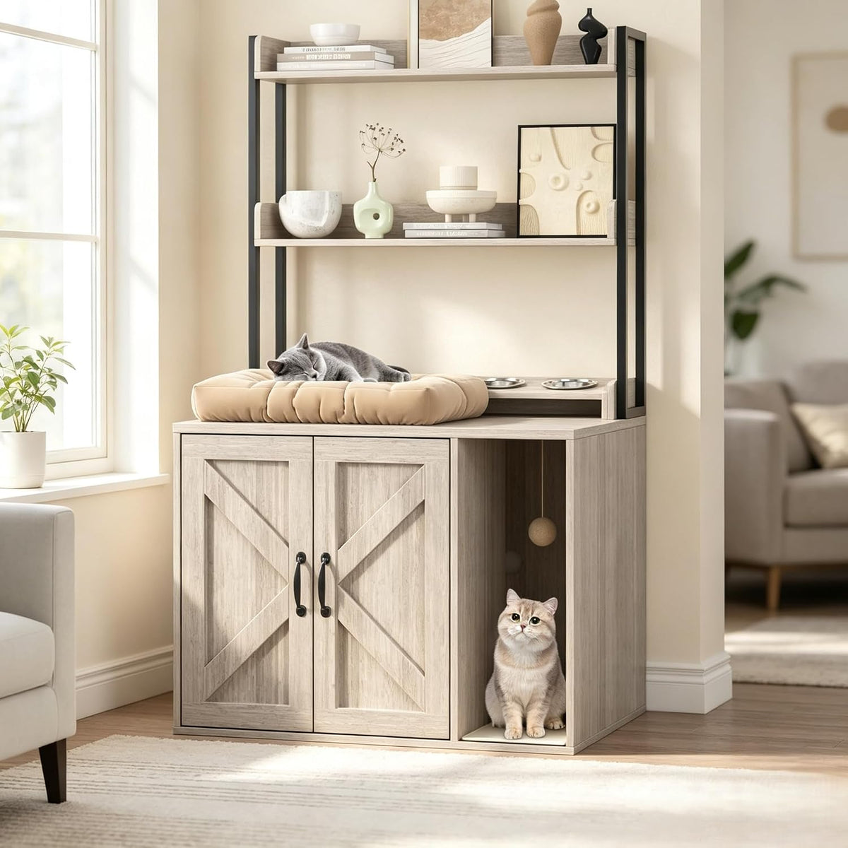 Light grey wooden litter box enclosure with curved entry and shelves – view 2