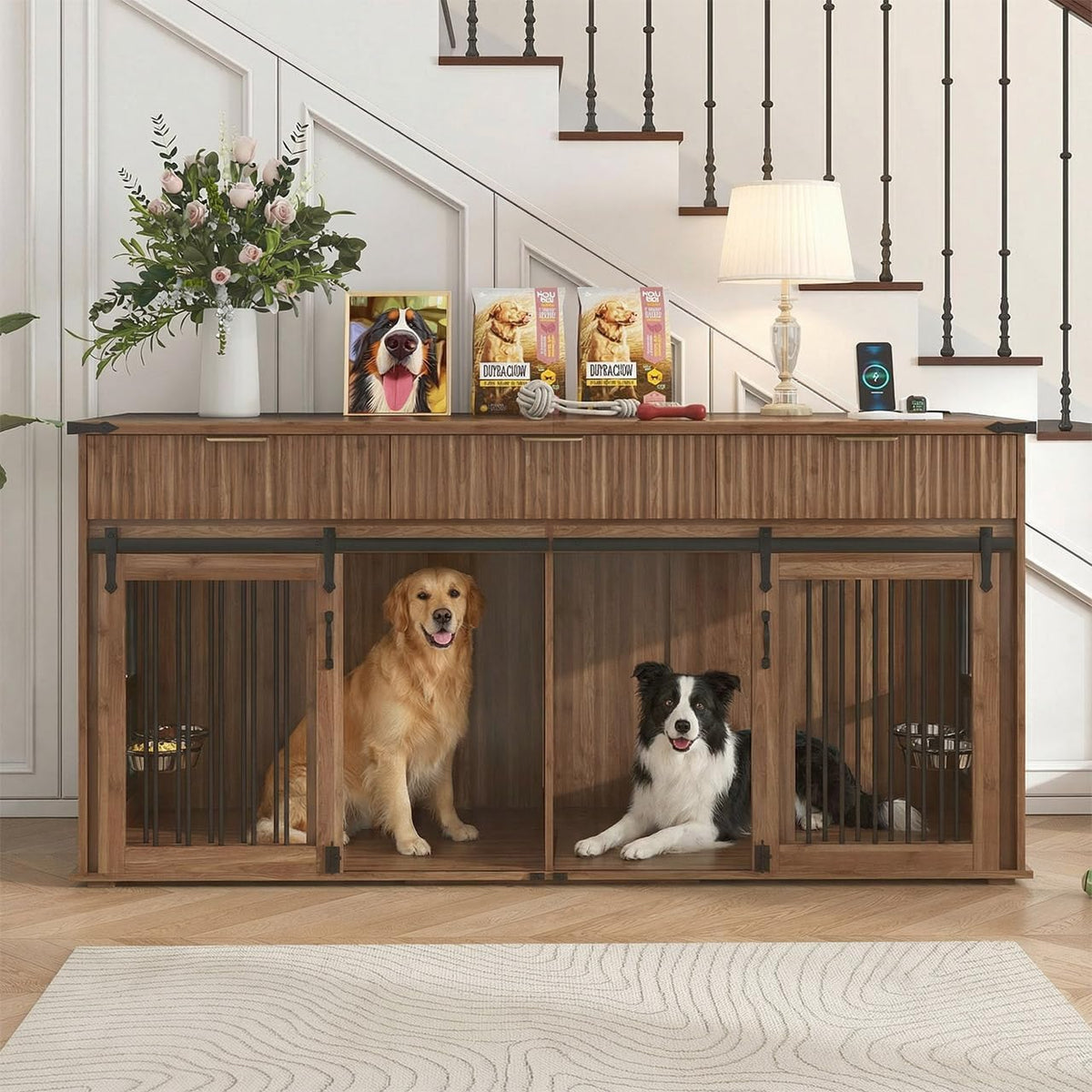 Dark brown double dog crate furniture with drawers and center divider