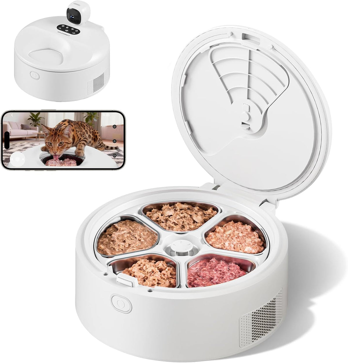 White automatic wet food cat feeder with five meal trays and camera