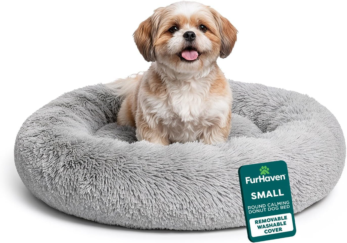 Gray shaggy faux fur round donut dog bed, 45 inches – view 9