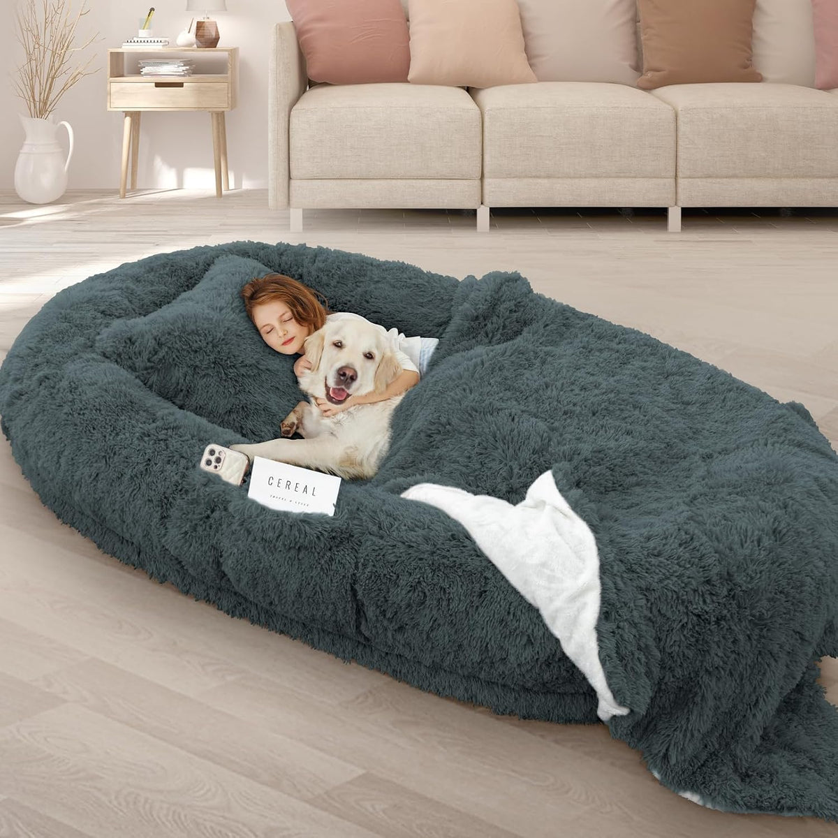 Dark grey giant human and dog bed with rounded plush edges
