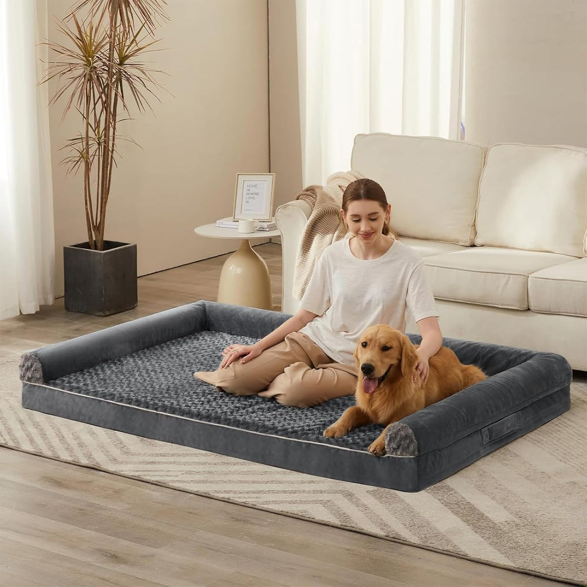 Dark grey waterproof pet couch bed with handle and anti-slip bottom