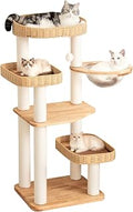 48 Inch Solid Wood Cat Tree Tower with 3 Woven Beds and Acrylic Bowl
