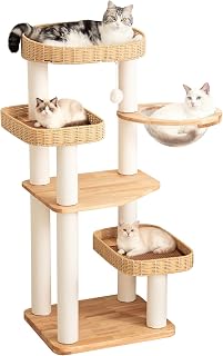 48 Inch Solid Wood Cat Tree Tower with 3 Woven Beds and Acrylic Bowl
