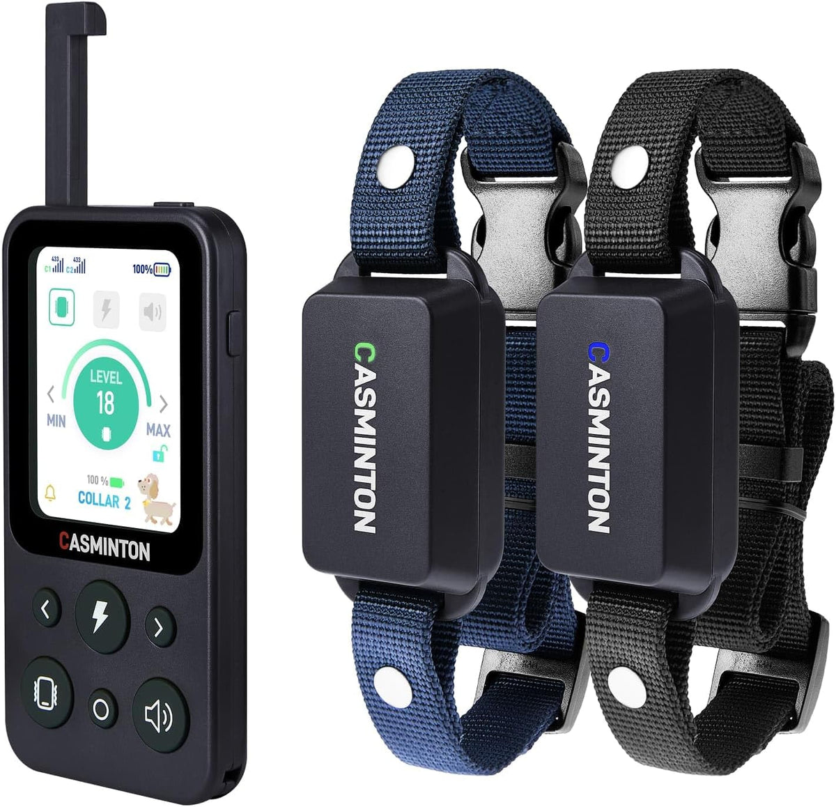Blue remote dog training collar set with LCD remote and two receivers