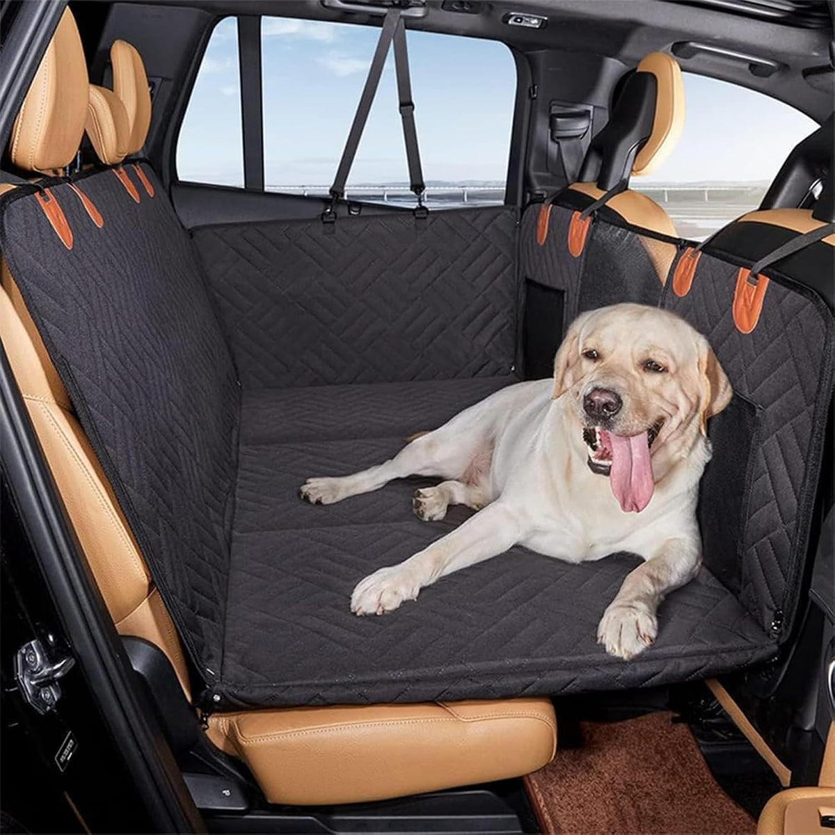 Black hard bottom dog hammock back seat cover with mesh window