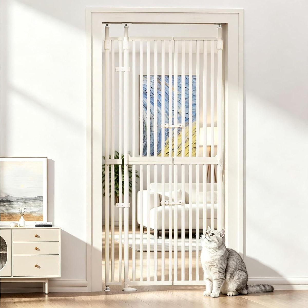 White extra tall cat gate with double door in a doorway