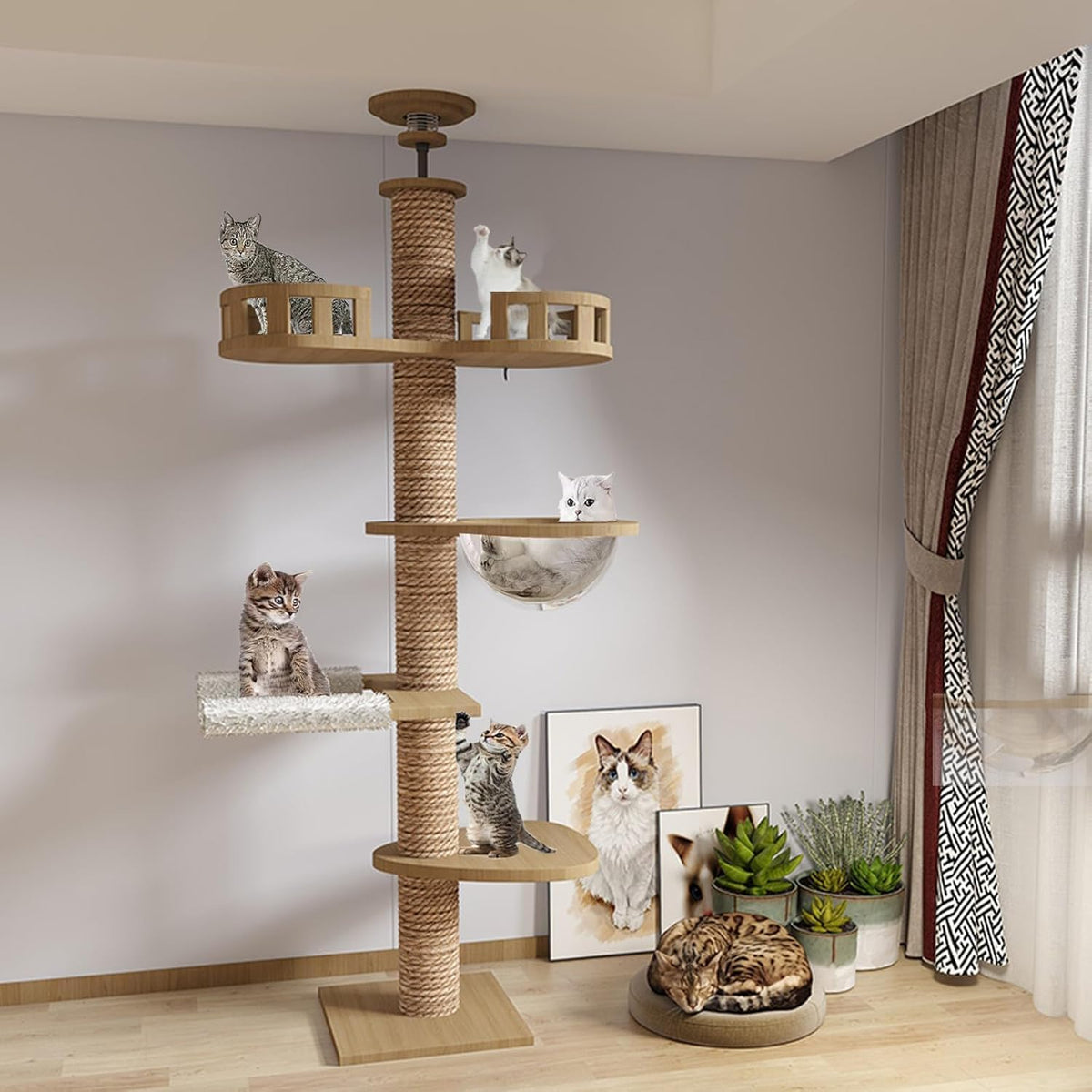 Brown floor-to-ceiling sisal rope cat tree with hammock