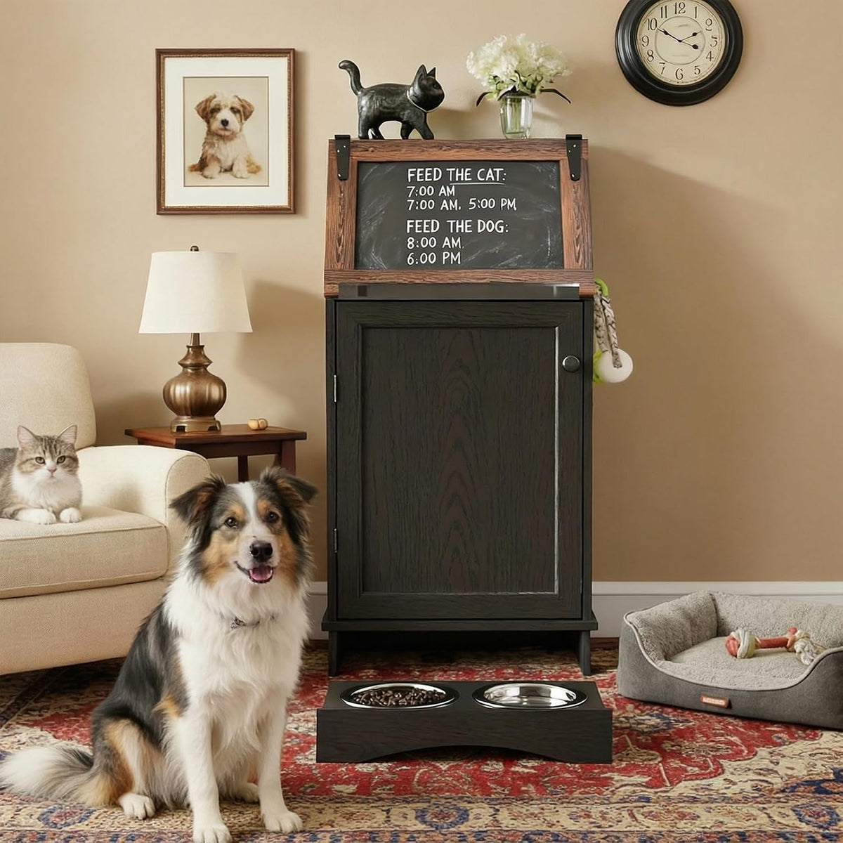 Black pet feeding station cabinet with two elevated bowls
