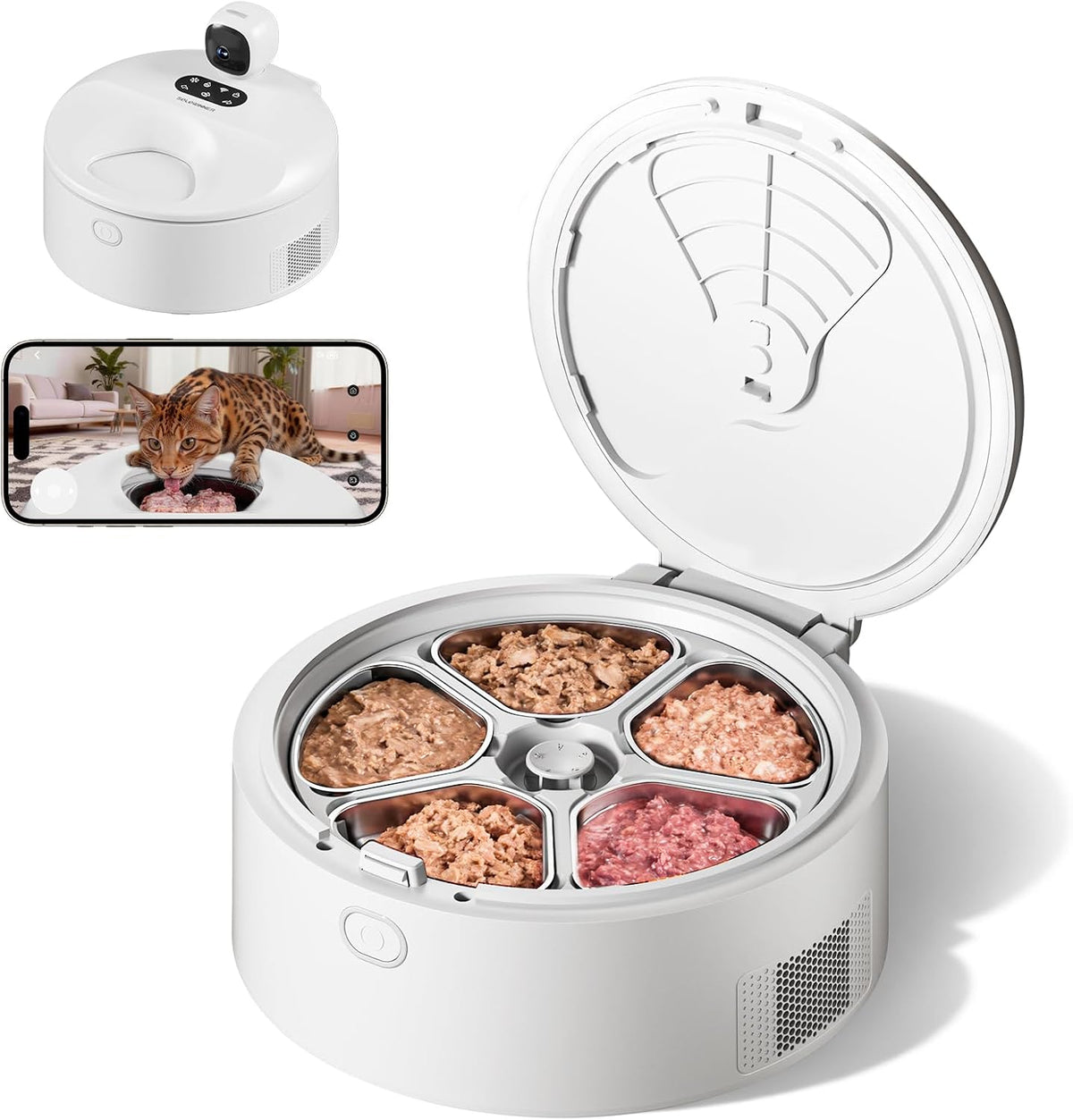 White refrigerated wet food automatic cat feeder with camera and steel tray