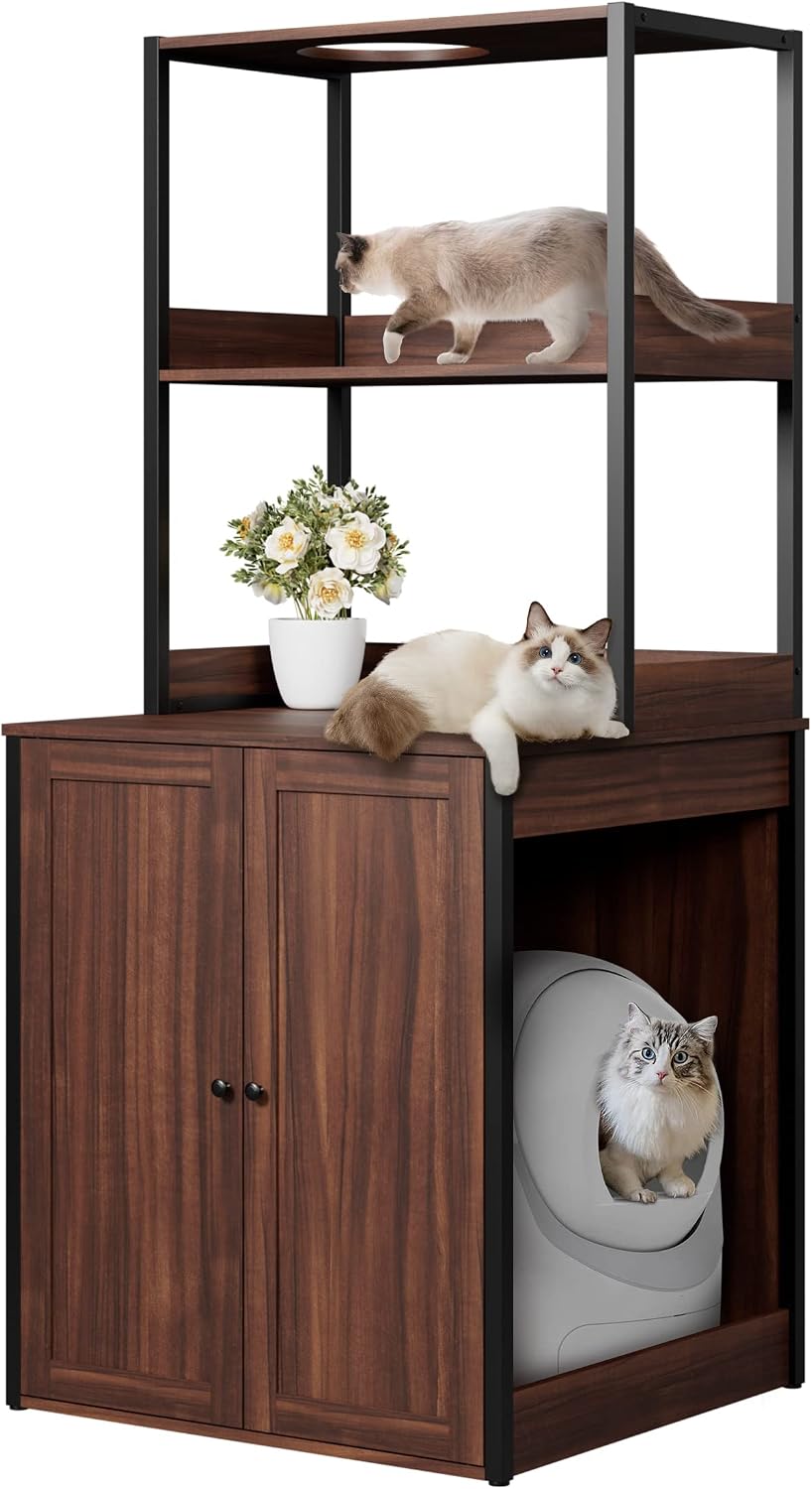 Walnut litter box enclosure with shelves housing an automatic litter box
