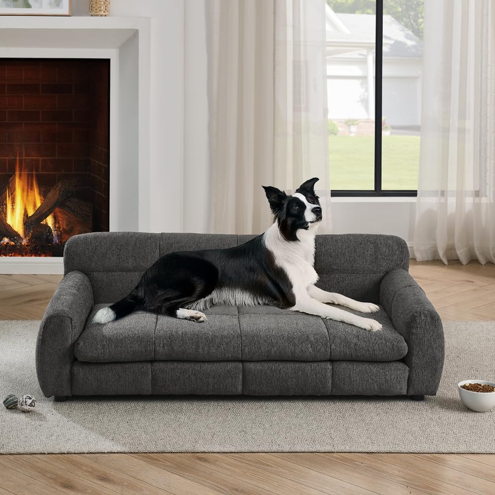 Dark grey linen dog sofa with armrests, backrest and cushion
