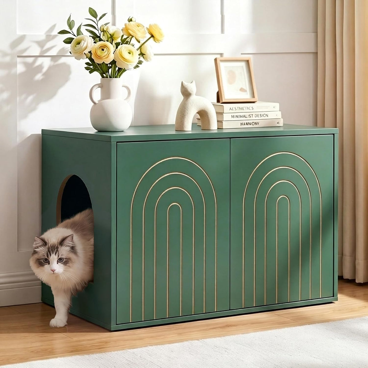 Tall arched litter box enclosure cabinet with shelves – view 4