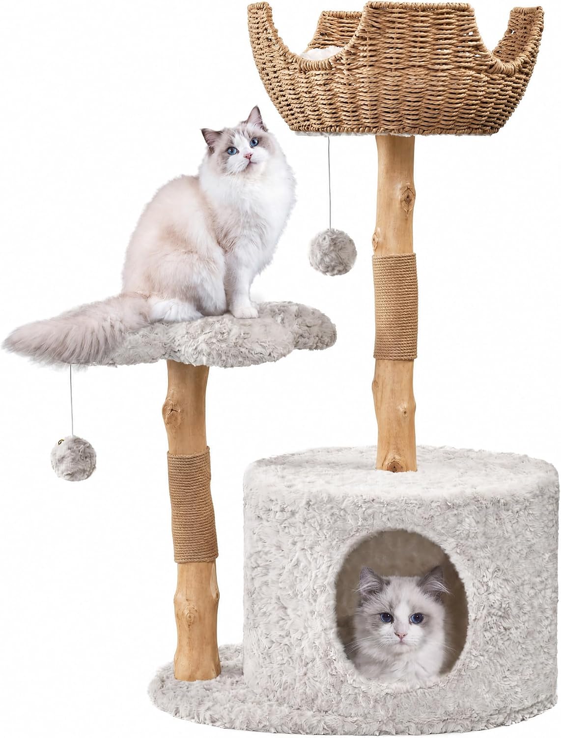 White wood cat tree with flower shaped platforms and condo – view 7