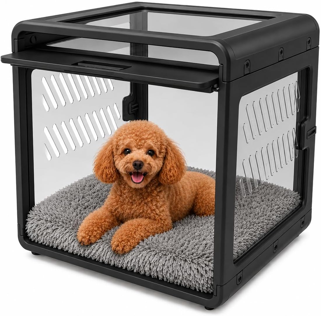White clear panel enclosed dog crate with plush bed and casters – view 2