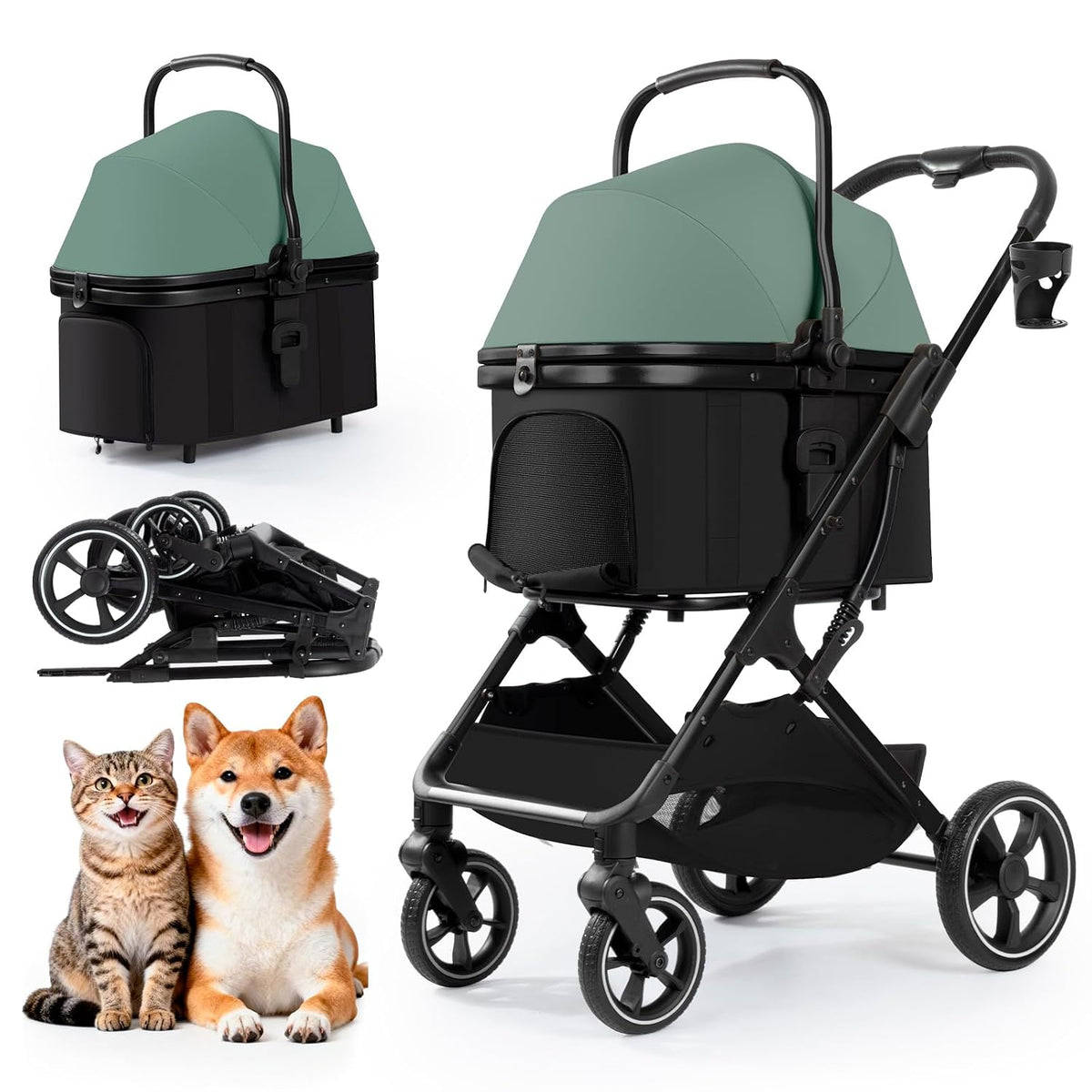 Green 3-in-1 pet stroller with dual-layer canopy and detachable carrier
