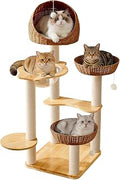 50 Inch Solid Wood Cat Tree for Indoor Cats with Wicker Beds
