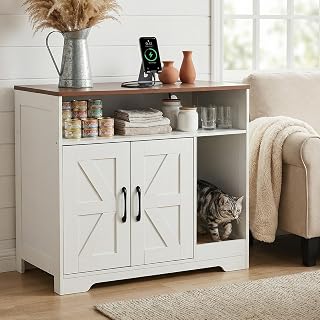 Cat Litter Box Enclosure Furniture with 2-Tier Storage, Scratch Pad and Charging Station, Dog-Proof Farmhouse Style, White