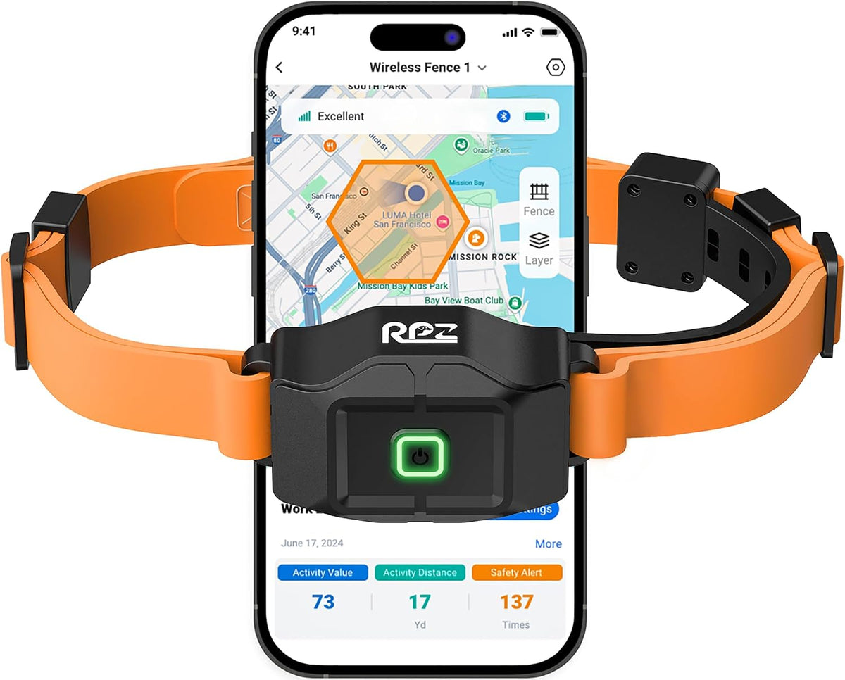 GPS wireless dog fence collar shown with a phone app boundary map