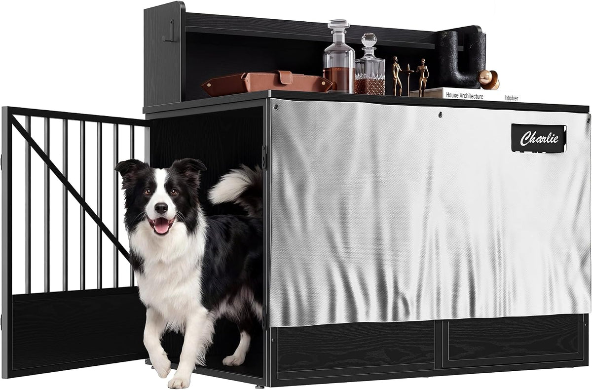 Black dog crate furniture with sunshade, storage shelf and hooks