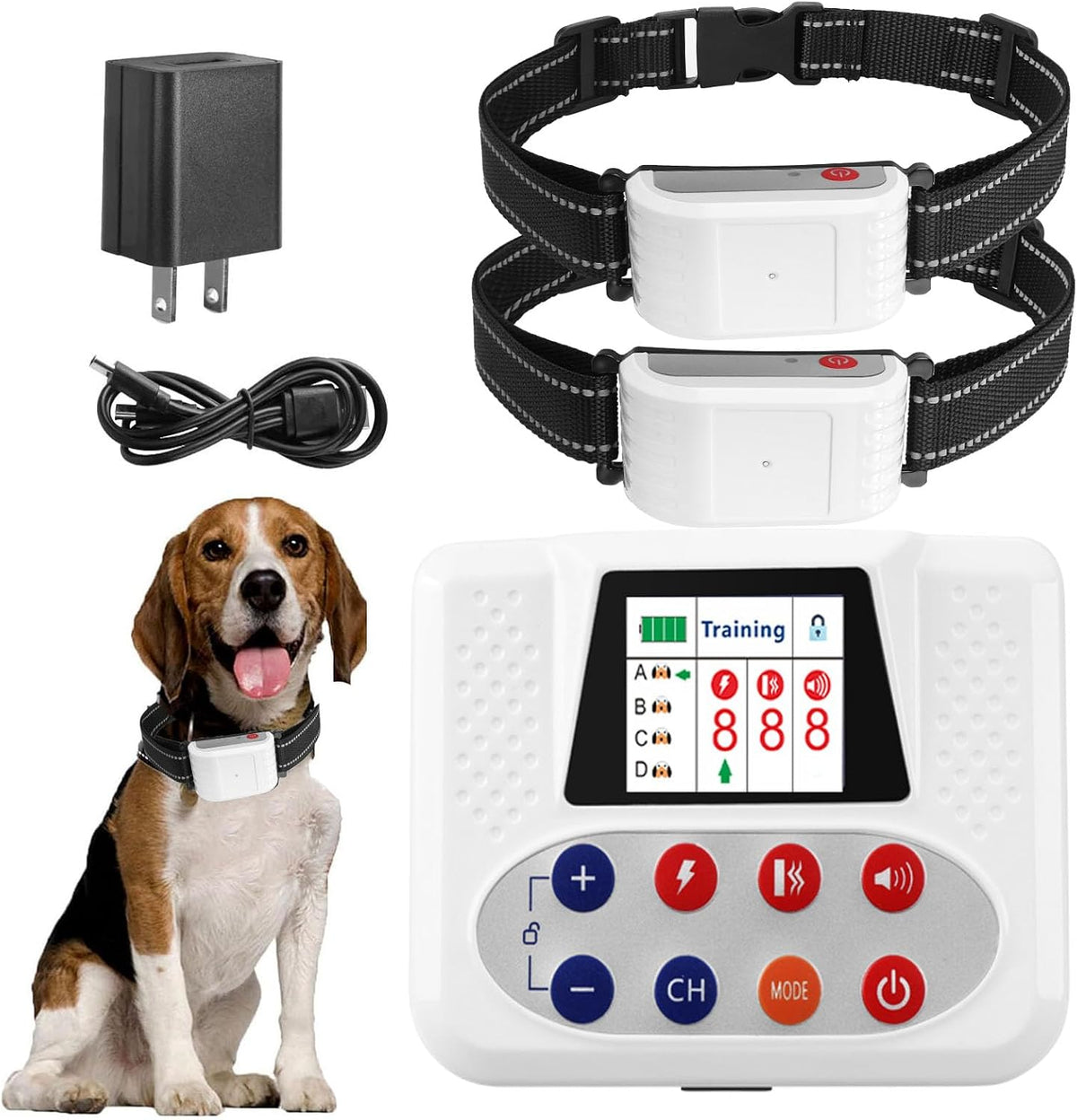 Wireless dog boundary transmitter with remote control and four rechargeable training collars – view 3
