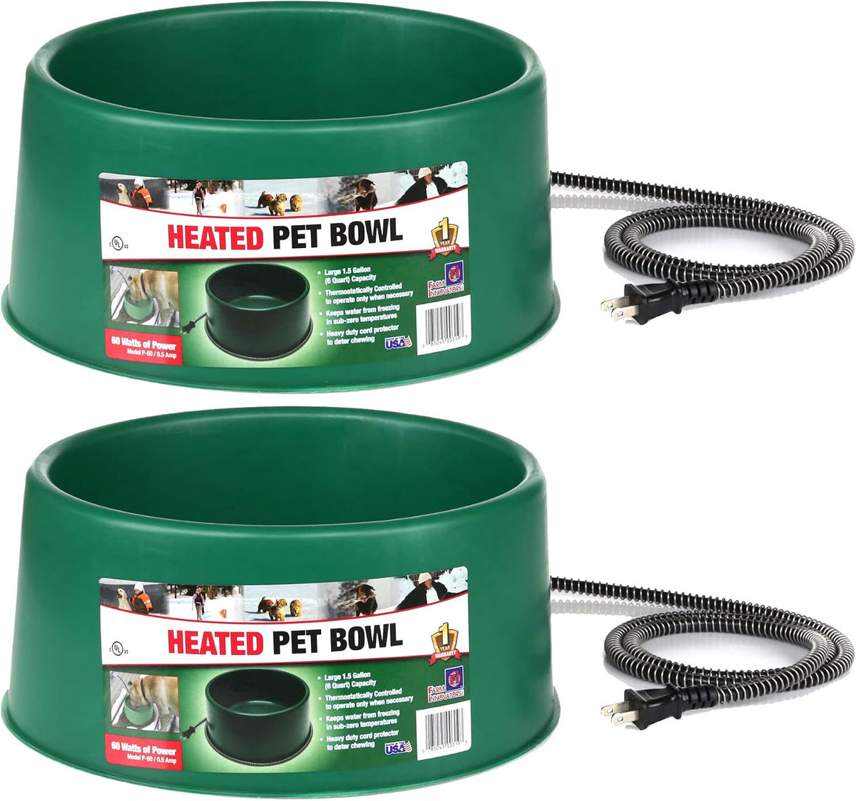 Green 1.5 gallon heated pet water bowl with protected power cord