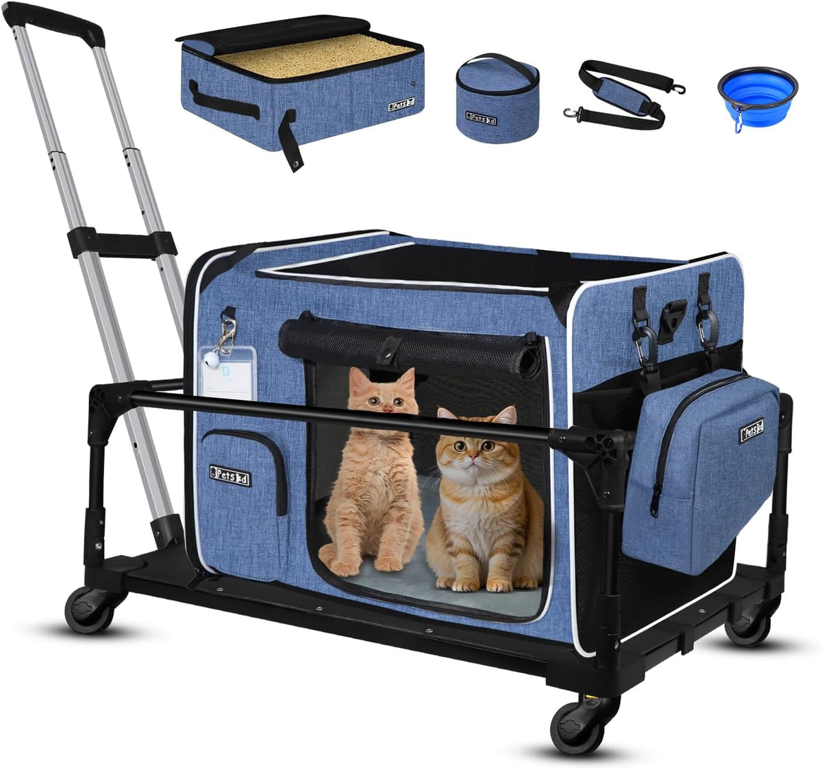 Extra large rolling cat carrier with wheels and litter box, 24 x 17 x 17 inches