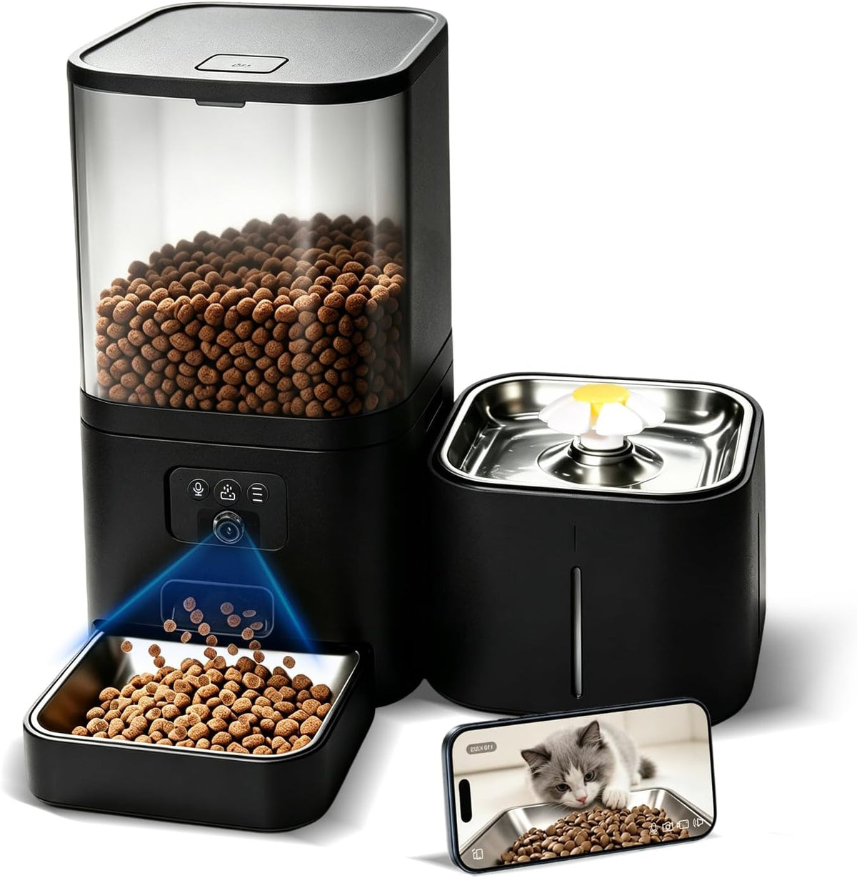 Black 2-in-1 automatic cat feeder and water dispenser with camera