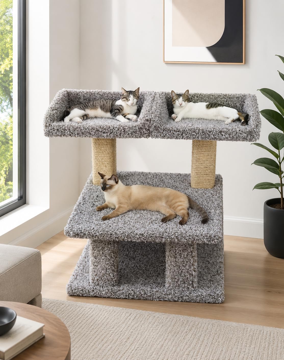 Carpeted solid wood cat condo post with two window perches