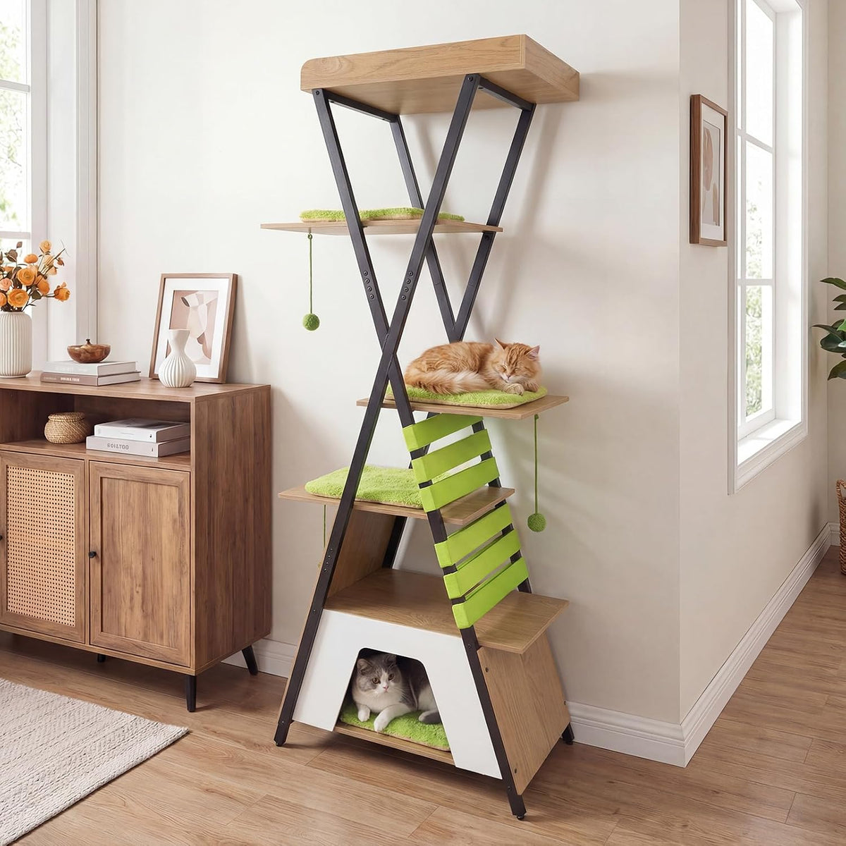 Tall 73-inch multi-level wooden cat tree with platforms, condo, scratching pad and dangling balls – view 2