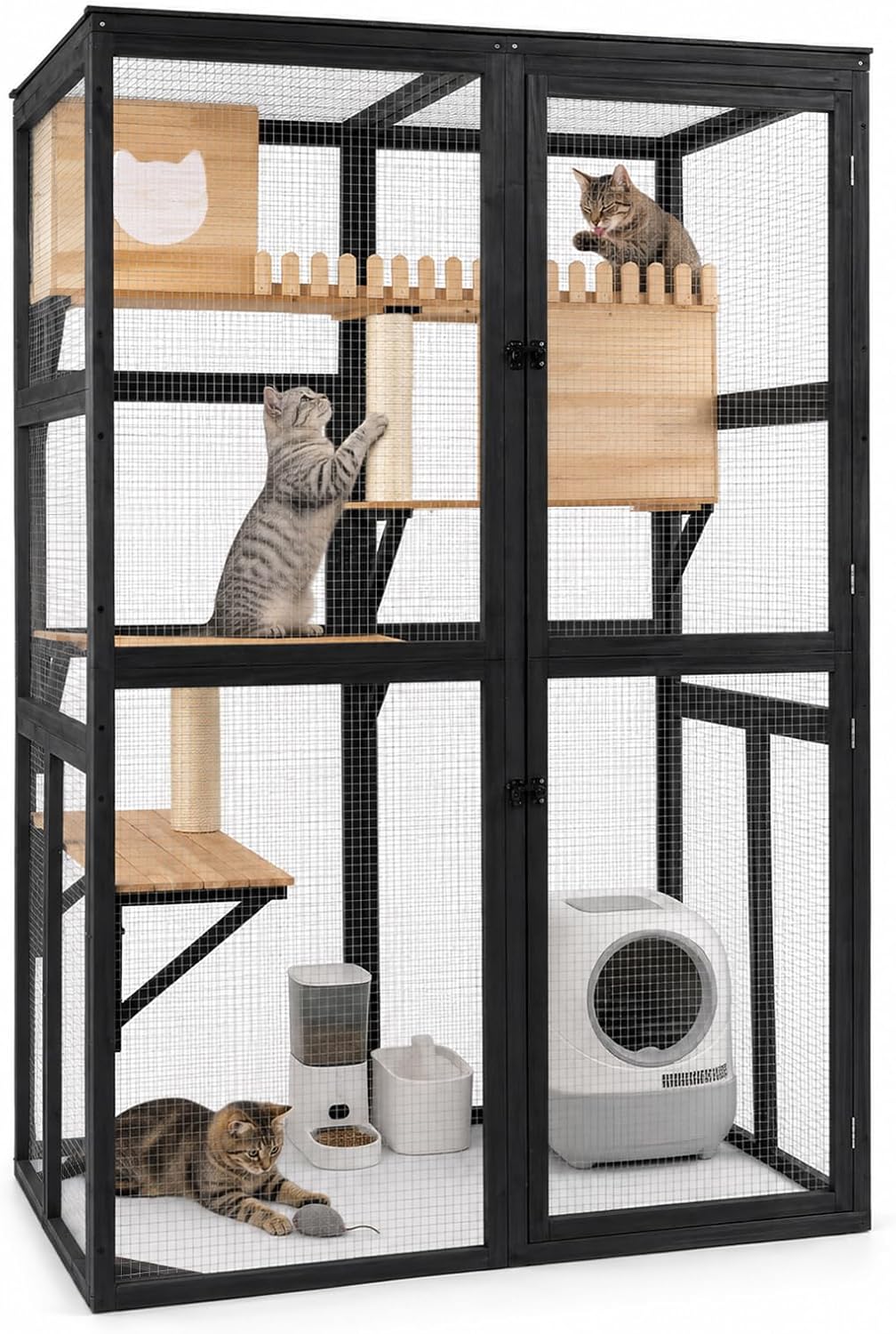 Four-tier wooden walk-in outdoor catio with window entrance and hideaway houses