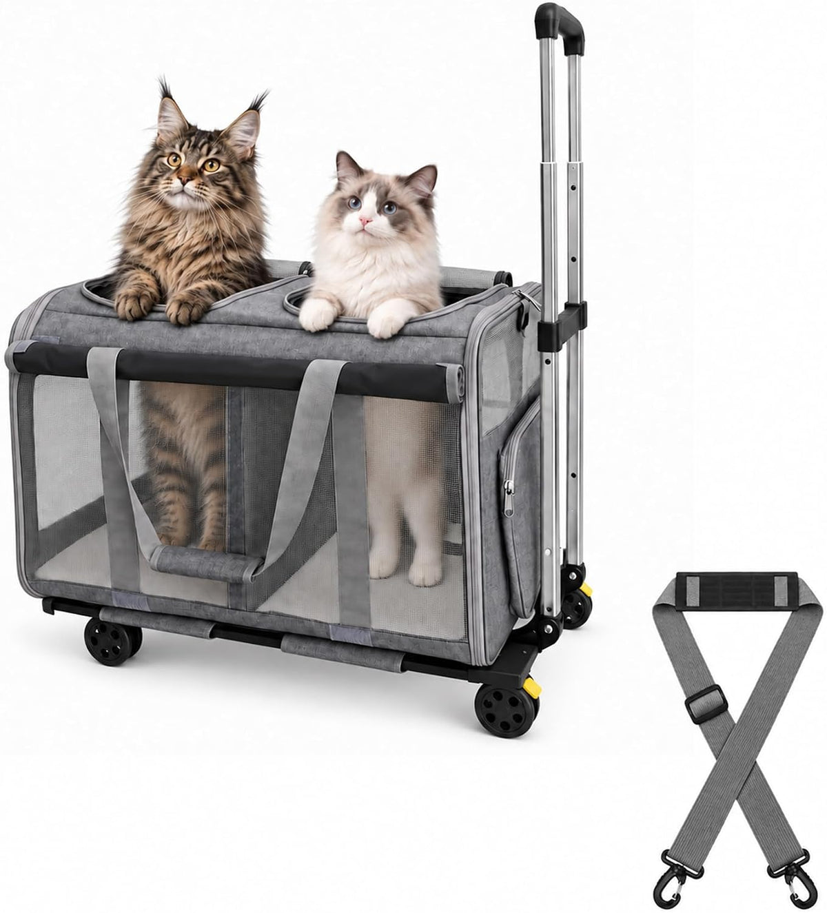 Gray extra large rolling cat carrier with wheels holding two cats