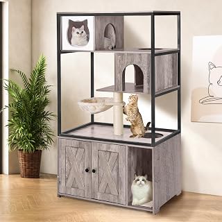 Cat Tree with Hidden Litter Box Enclosure, Front Entry Washroom Furniture for Indoor Cats, Grey