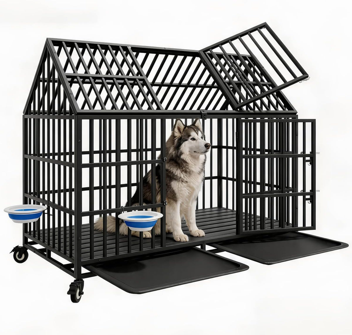 Black heavy duty steel dog crate with peaked roof on lockable wheels