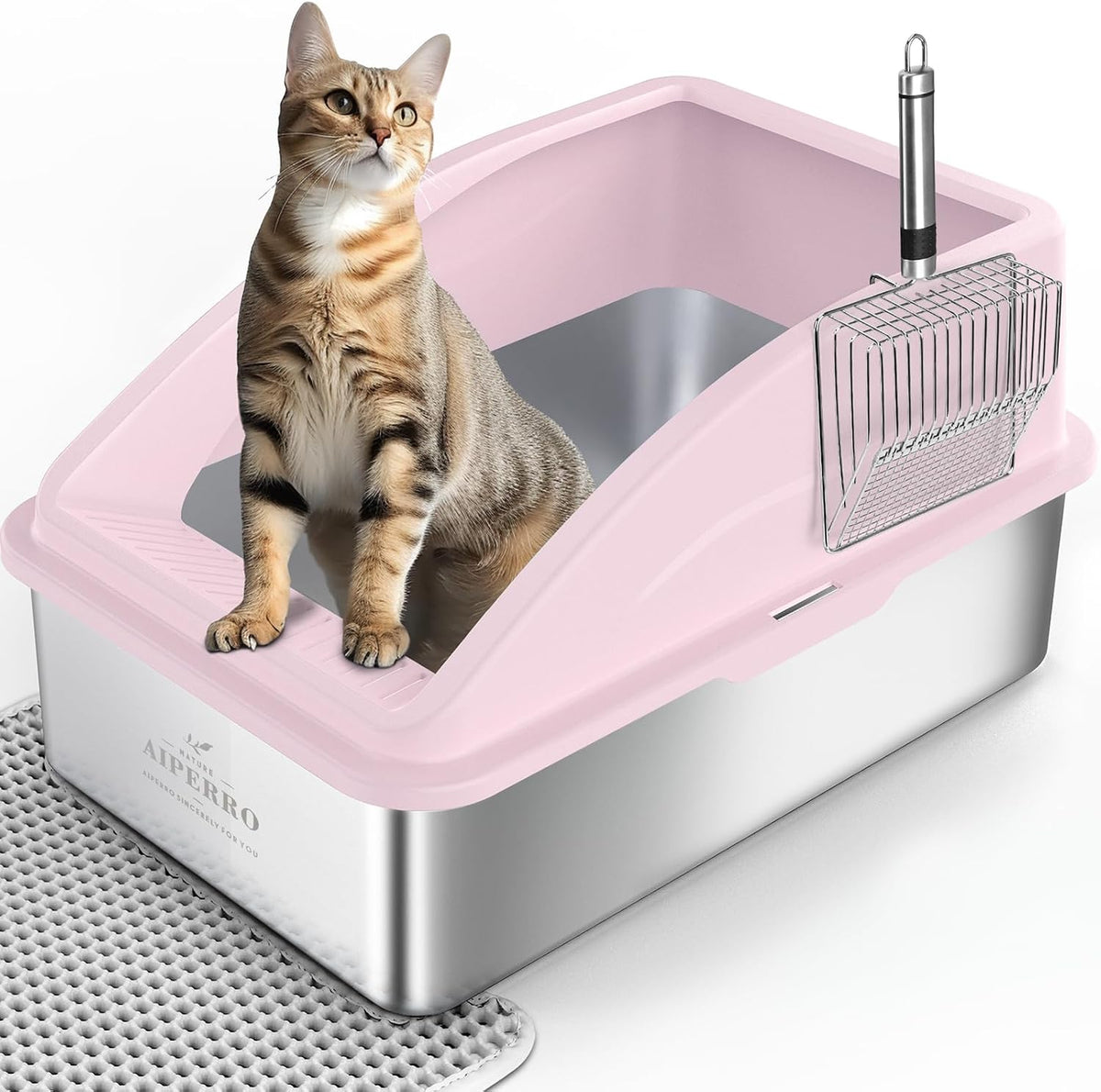 High-sided stainless steel litter box with lid and filter plate – view 11