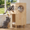 Natural wood elevated cat feeding station with sisal posts and storage capsule