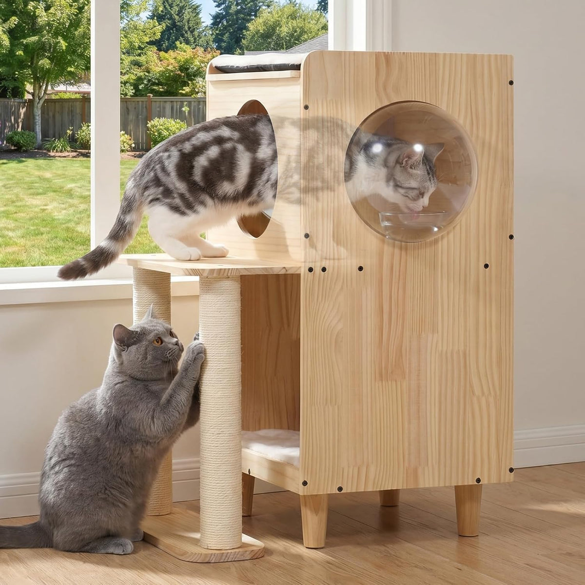 Natural wood elevated cat feeding station with sisal posts and storage capsule
