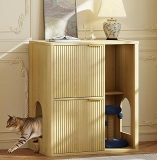 Double Cat Litter Box Enclosure Furniture, Fluted Mid-Century Design, with Scratching Post and Dangling Ball, Natural