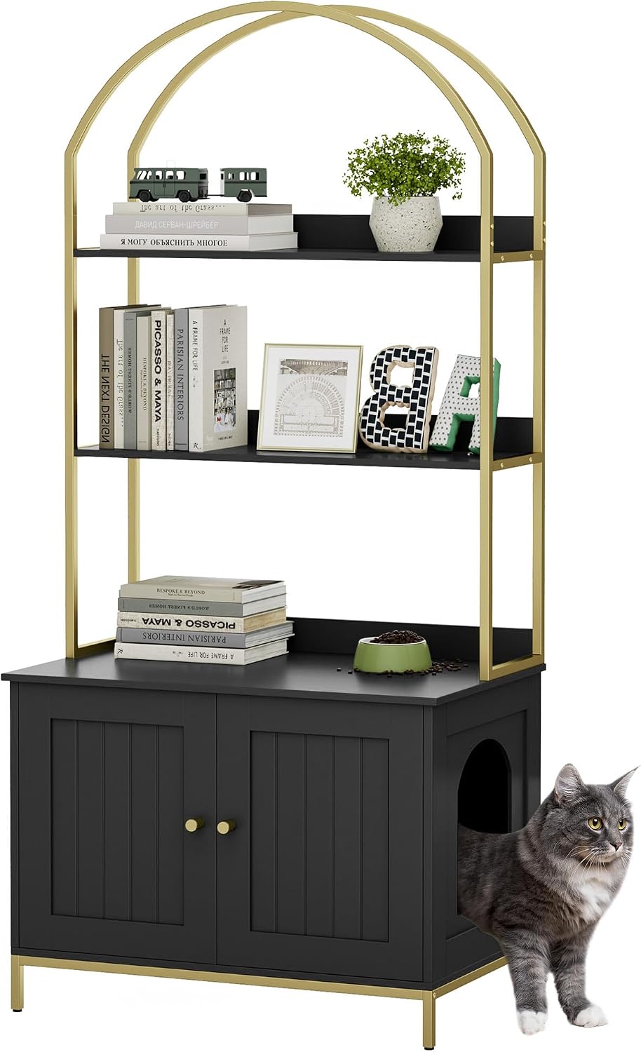 Green and gold tall litter box enclosure with two shelves – view 3
