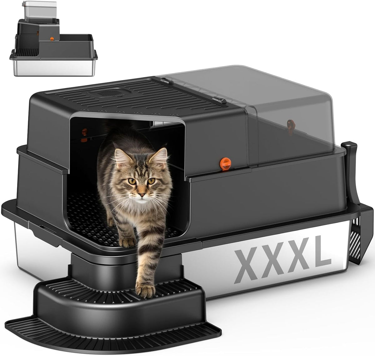 Black stainless steel covered litter box with walkway entry