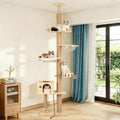 Floor to ceiling wooden cat tree with clear pod and condo