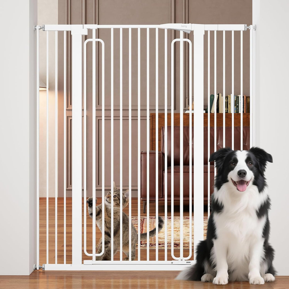 Extra tall pressure mounted pet gate with auto-close door in a hallway
