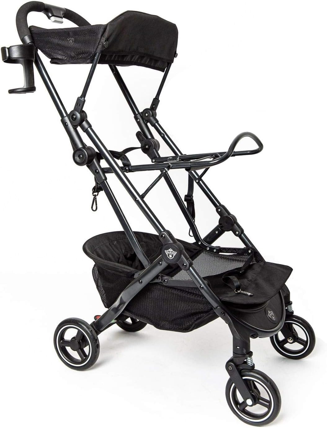 Black 3-in-1 pet carrier mounted on a folding stroller base