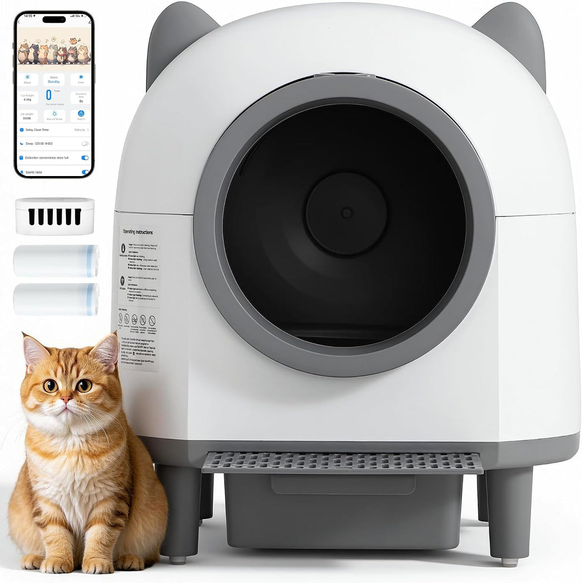 Automatic self-cleaning cat litter box with large drum and waste drawer